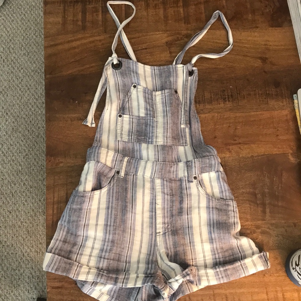 Free People blue linen overall shorts